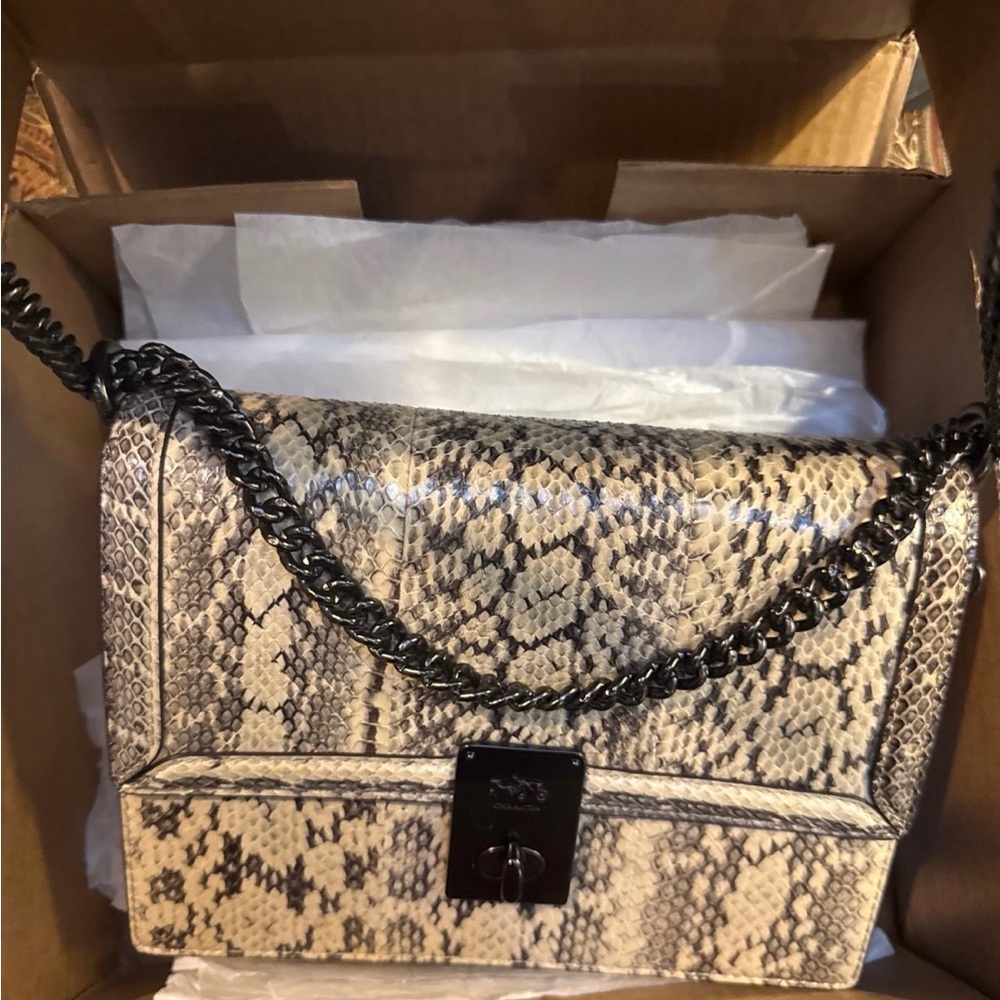 COACH Hutton Shoulder Bag Snakeskin/Leather Neutral Color NWT - Picture 9 of 15